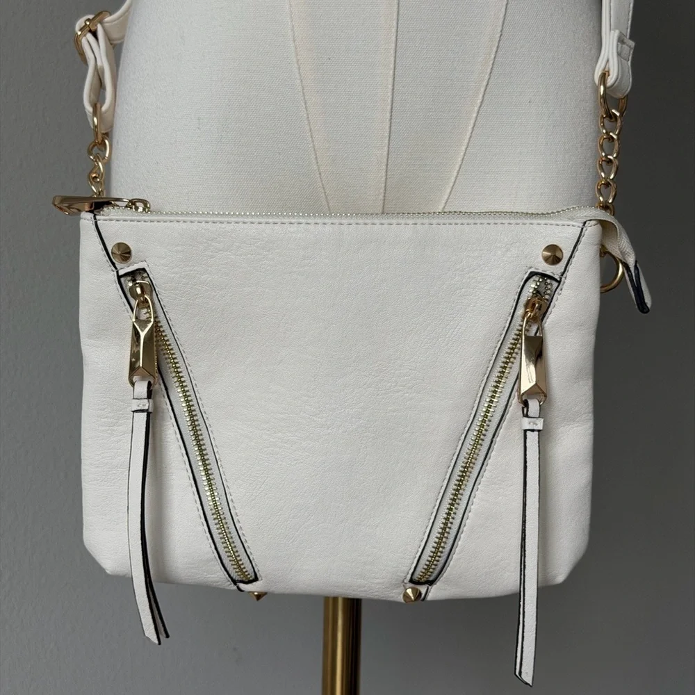 Jessica Simpson White Faux Leather Crossbody with Gold Chain Accents